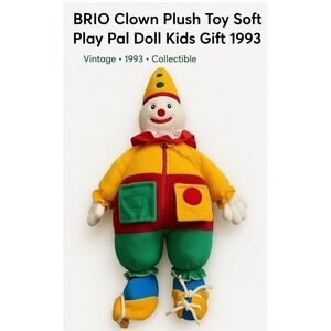 Vintage 1993 BRIO Clown Plush Toy Soft Play Pal Doll Multicolor Sensory 14"